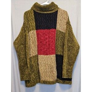 Vintage All Points Patchwork Chenille Sweater Womens M Colorblock Turtleneck 90s